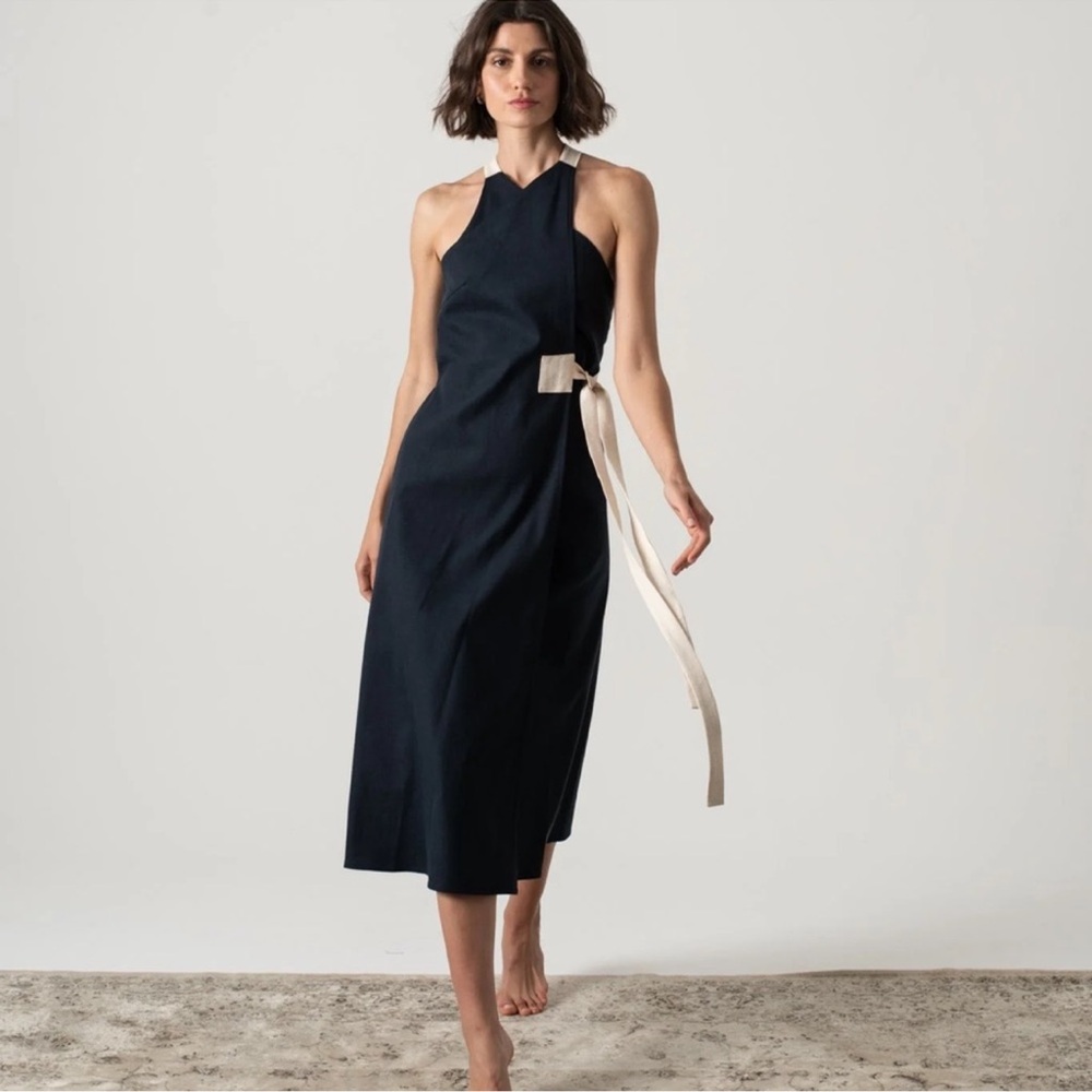 NWT! 🇵🇹 Linen LUXMII Zulu Midi Wrap Dress in Navy Luxury Made in Portugal - Picture 3 of 12